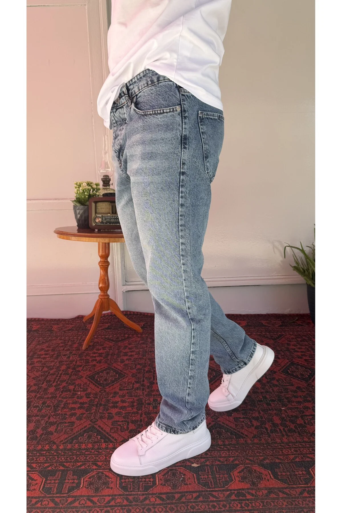 Yıkamalı Düz Mavi Baggy Jean