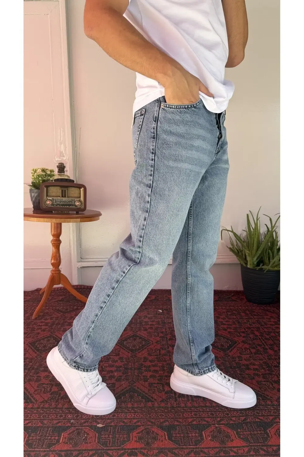 Yıkamalı Düz Mavi Baggy Jean