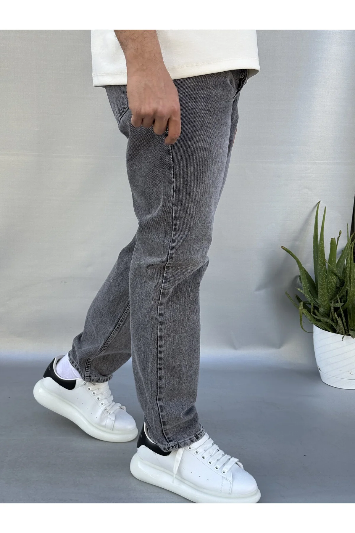 Yıkamalı Gri Baggy Pantolon