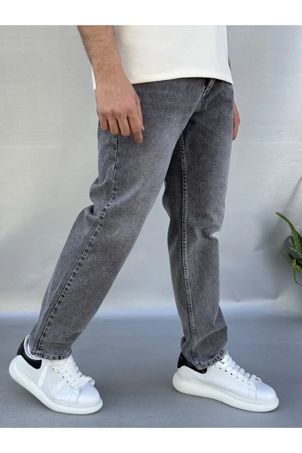 Yıkamalı Gri Baggy Pantolon
