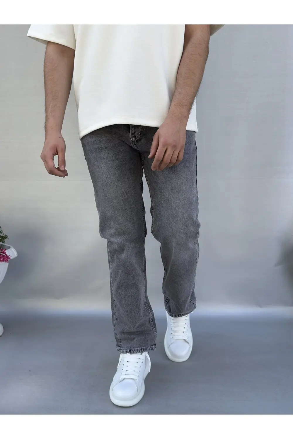 Yıkamalı Gri Baggy Pantolon