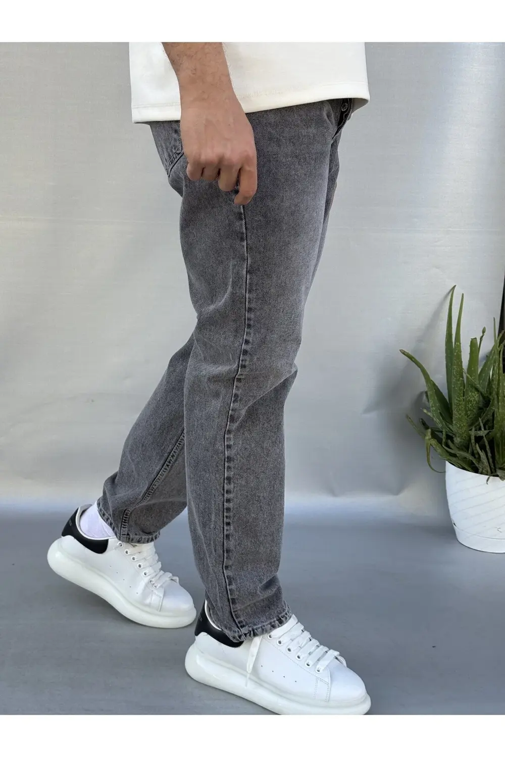 Yıkamalı Gri Baggy Pantolon