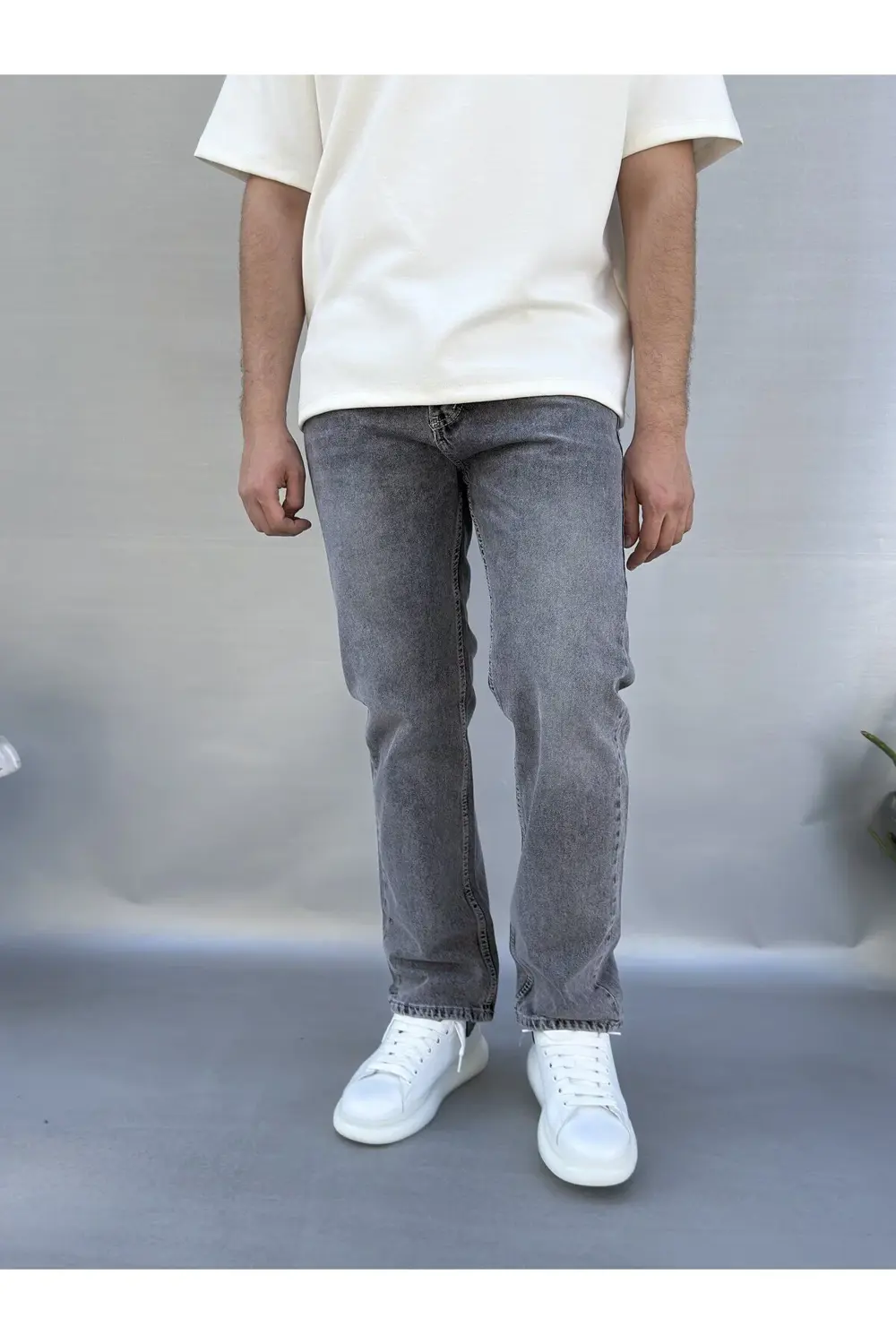 Yıkamalı Gri Baggy Pantolon
