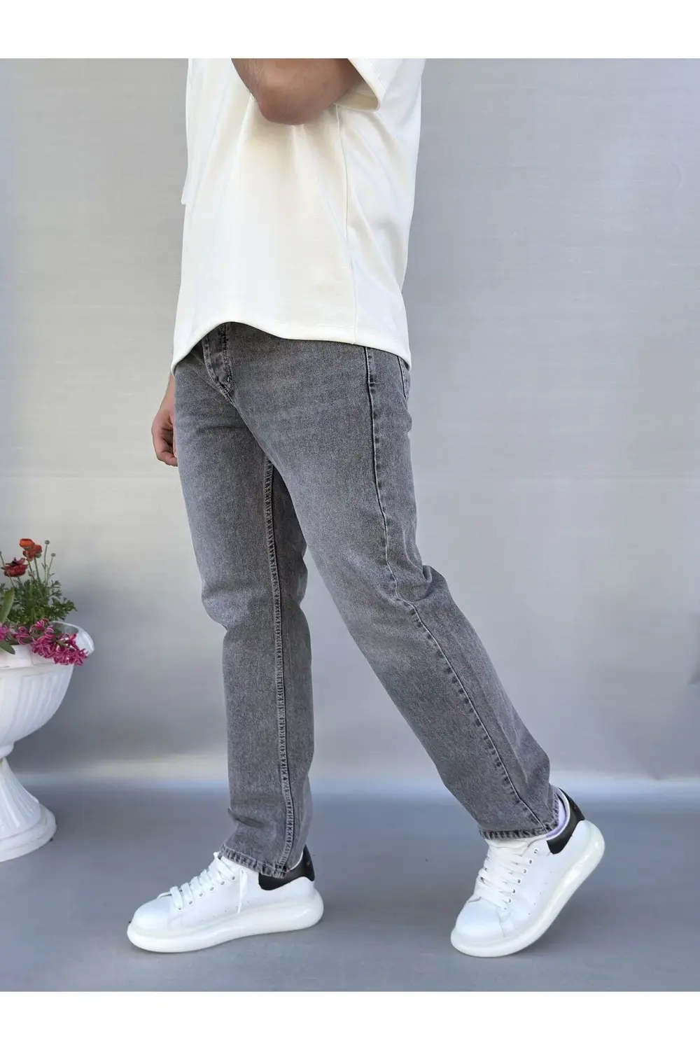 Yıkamalı Gri Baggy Pantolon