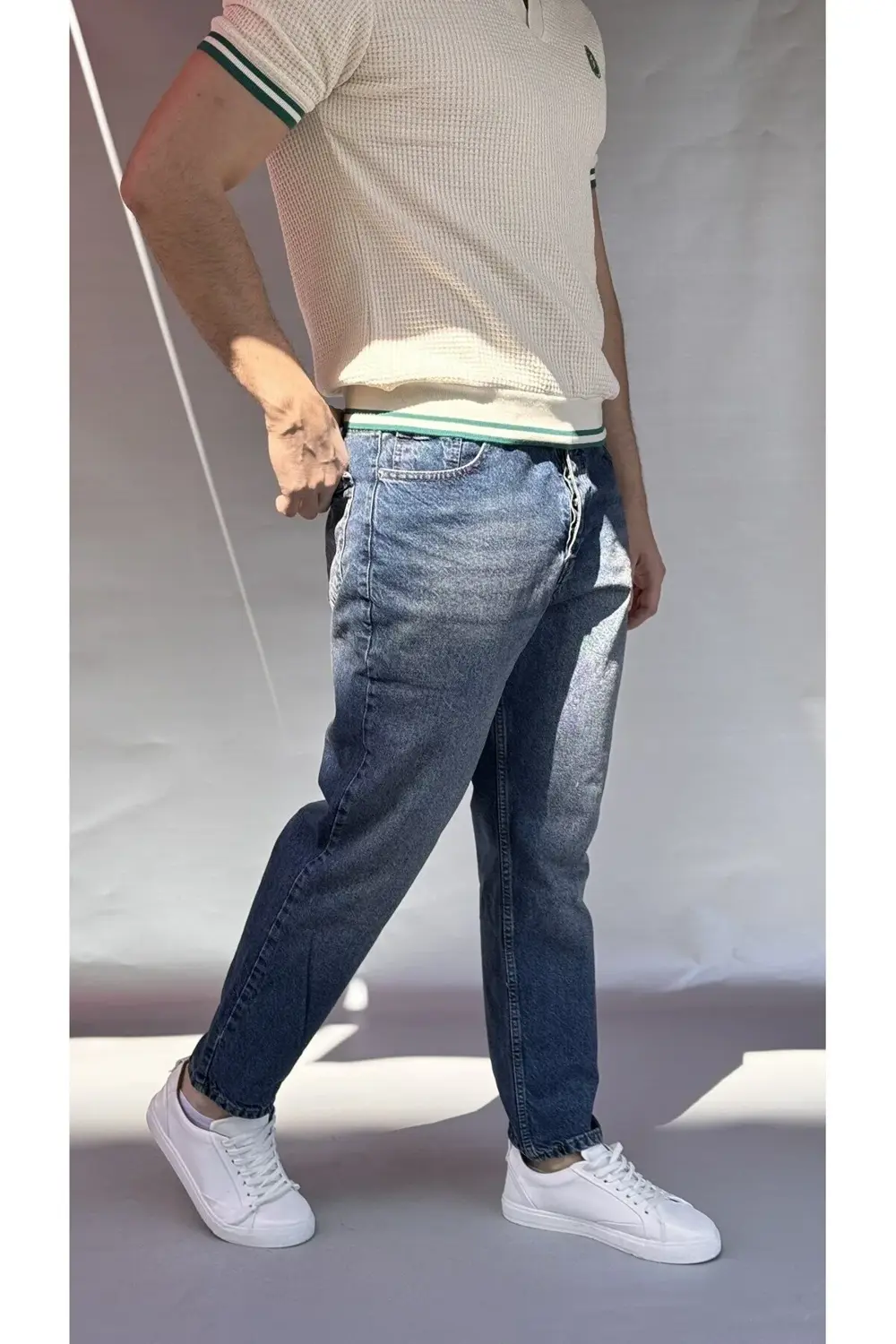 Yıkamalı Koyu Mavi Boyfriend Pantolon