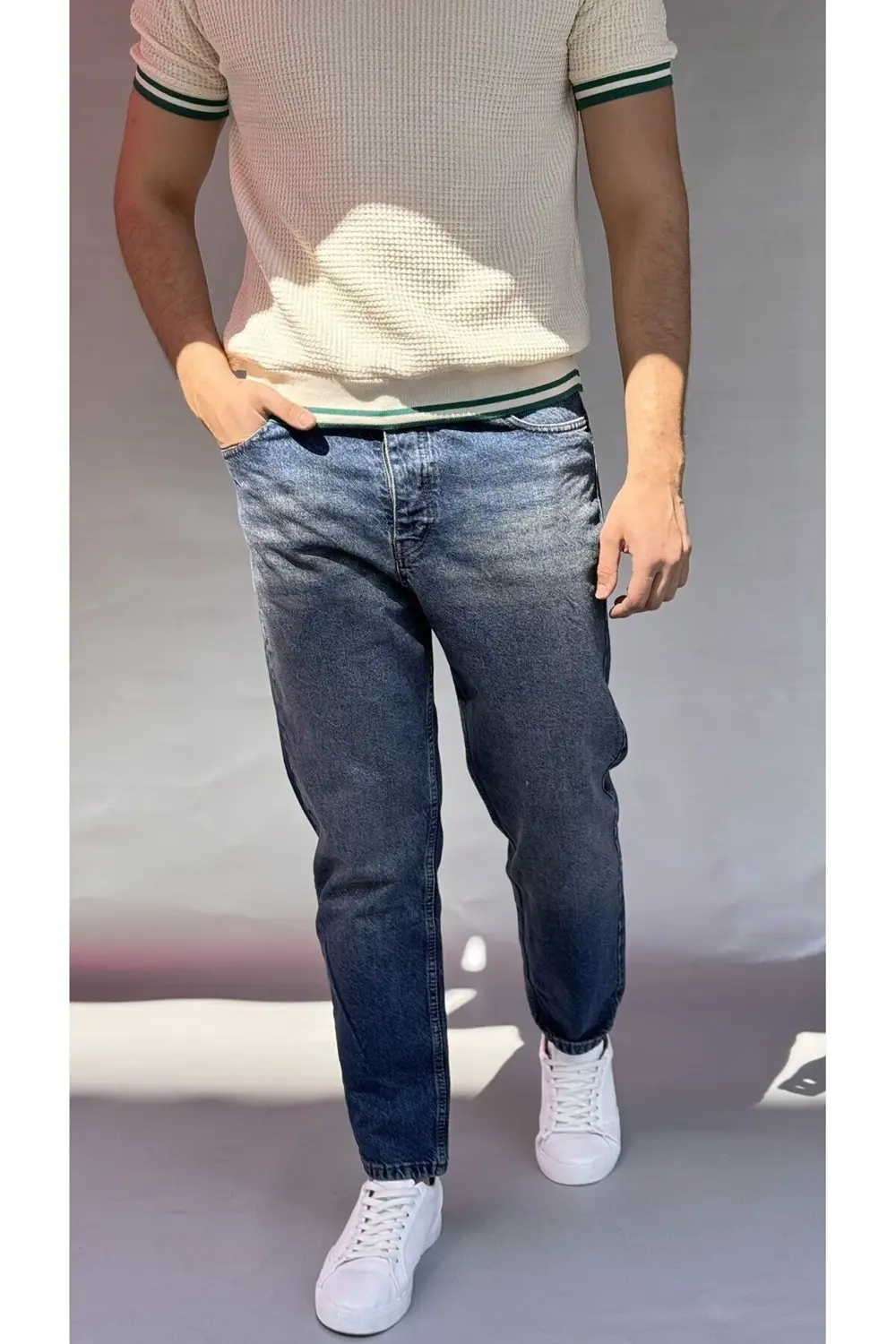 Yıkamalı Koyu Mavi Boyfriend Pantolon