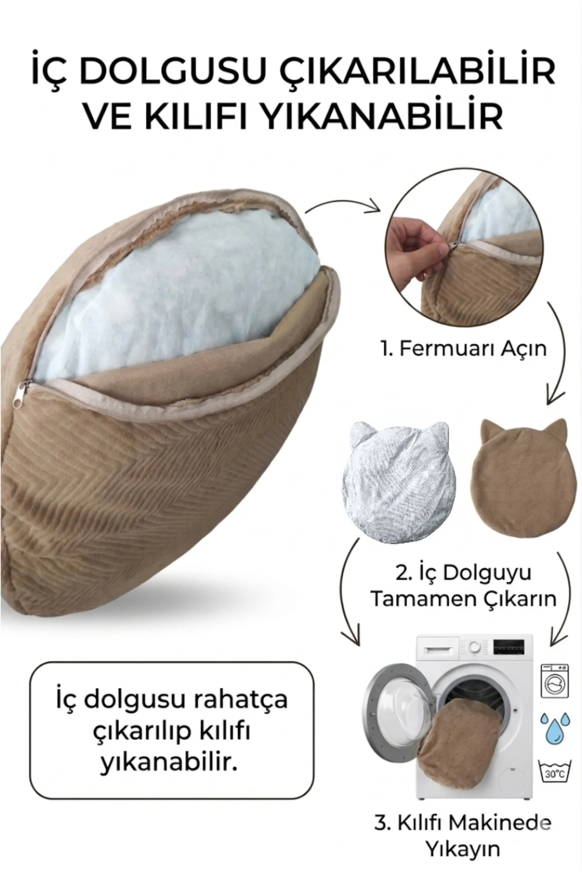 Yıkanabilir Fermuarlı Kulaklı ve Kuyruklu Kedi Köpek Yatağı - 70x