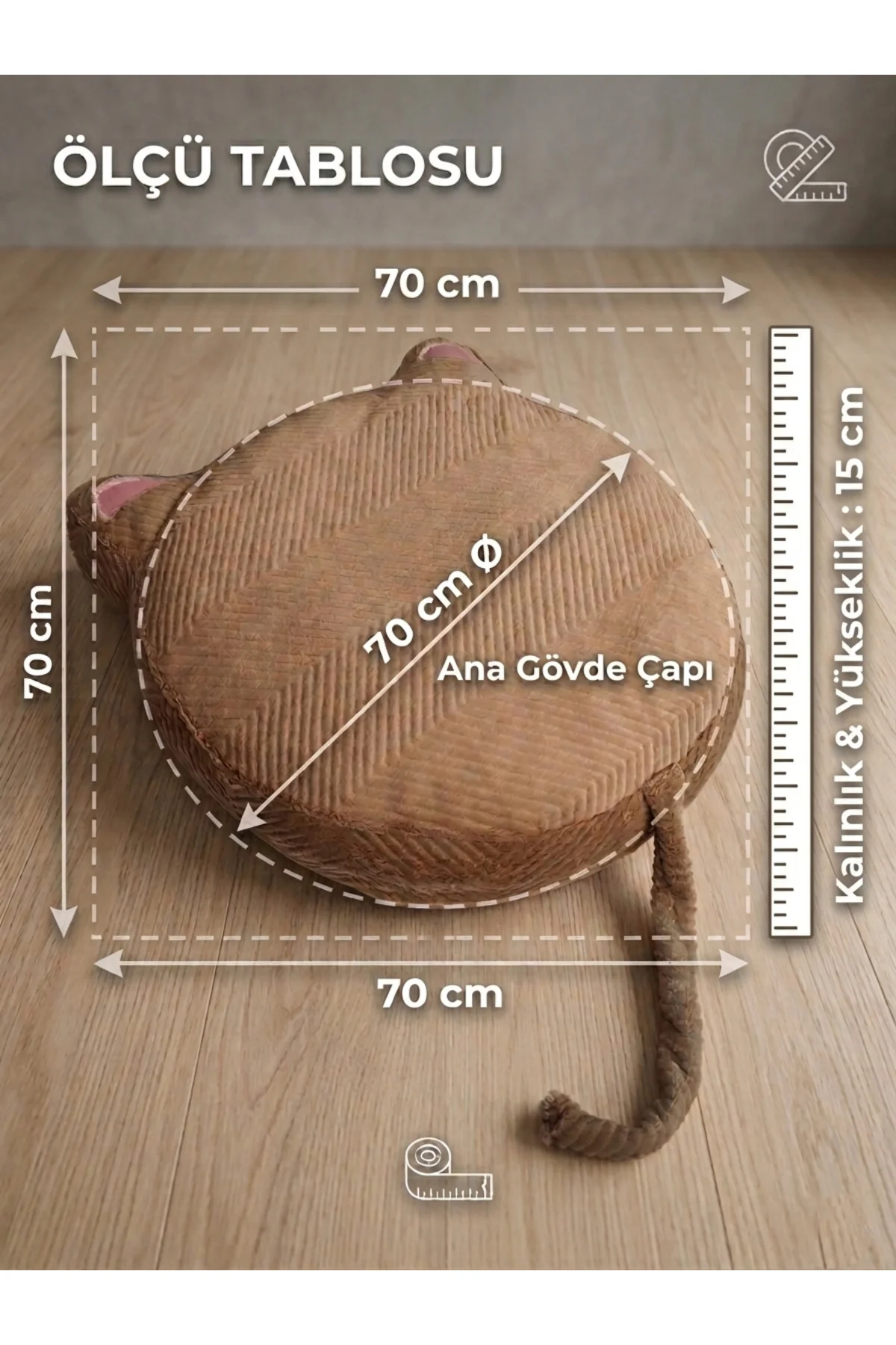 Yıkanabilir Fermuarlı Kulaklı ve Kuyruklu Kedi Köpek Yatağı - 70x