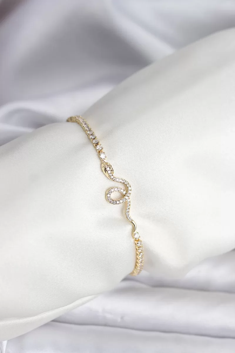 Yılan Model Zirkon Taşlı Gold Renk Pirinç Su Yolu Kadın Bileklik - Lisinya