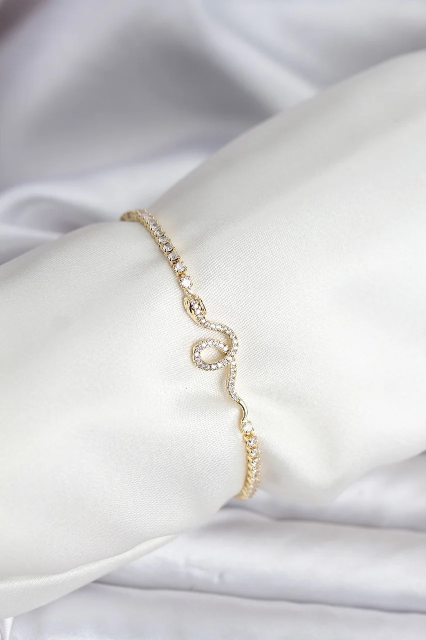 Yılan Model Zirkon Taşlı Gold Renk Pirinç Su Yolu Kadın Bileklik - Lisinya Diğer