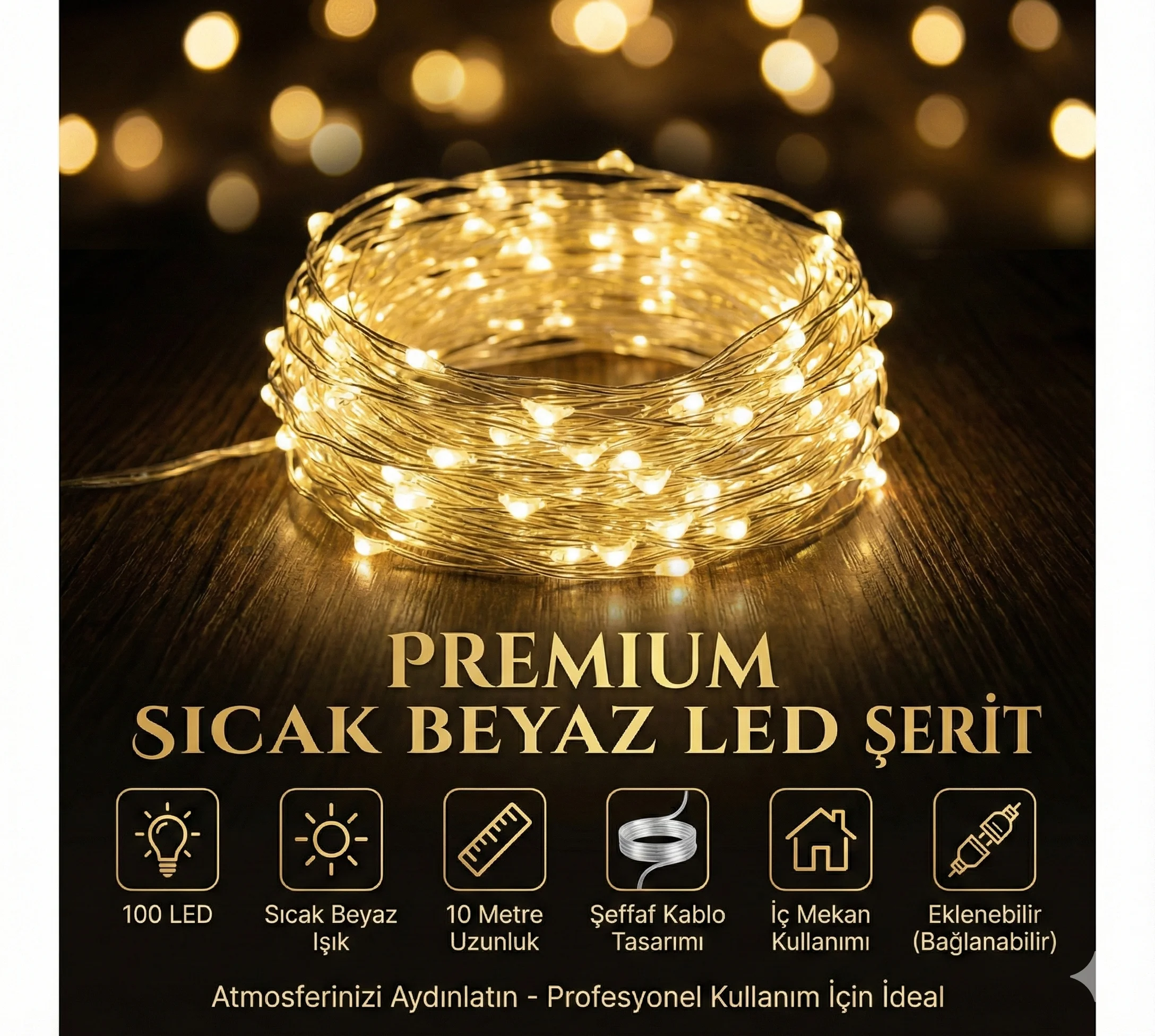 Yılbaşı Aydınlatması 100 LED Perde Hortum Sıcak Beyaz Işık - 10 Metre Dekoratif Şeffaf Kablolu Süs