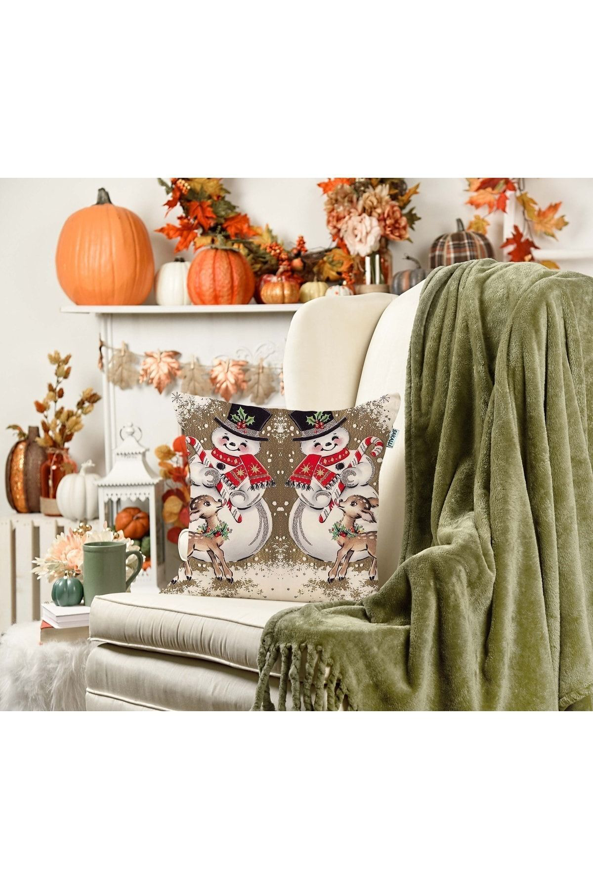 Yılbaşı Kardan Adam Desenli 3d Digital Baskılı Kırlent Kılıfı