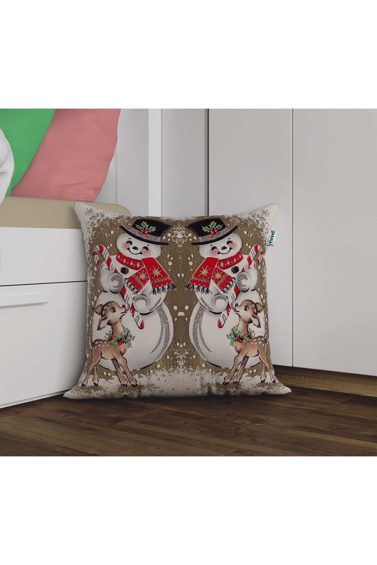 Yılbaşı Kardan Adam Desenli 3d Digital Baskılı Kırlent Kılıfı