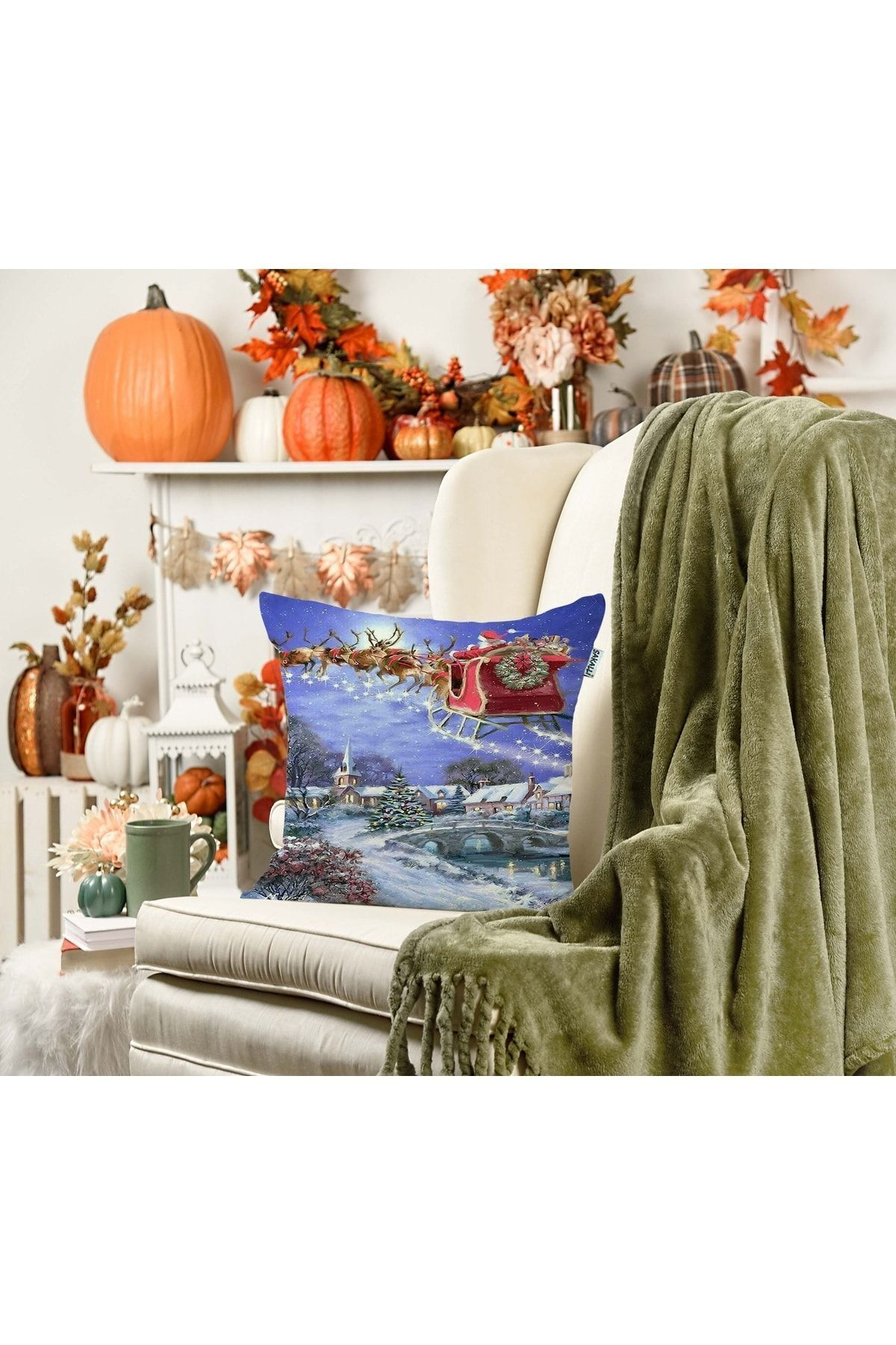 Sakallı Yılbaşı Kart Postal Desen 3D Digital Baskılı Dekoratif Kırlent Kı