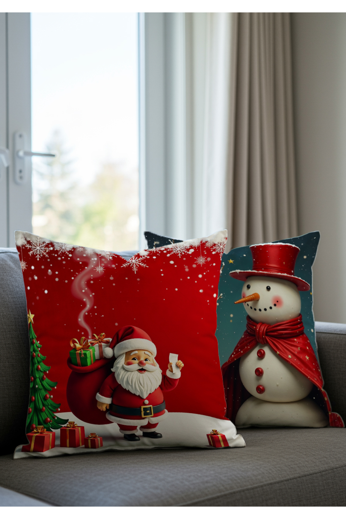 Sakallı Yılbaşı Kırlent Kılıfı 4Lü Set – Noel Baba Ve Kardan Adam Desenli