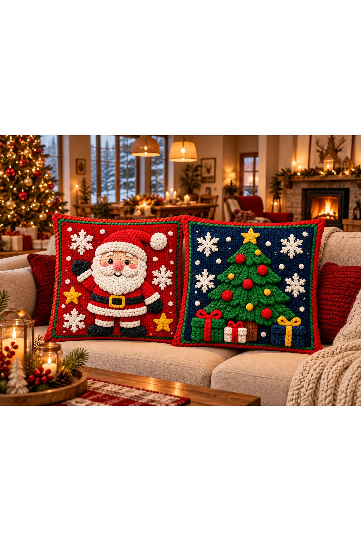 Yılbaşı Masalı Noel Baba Çam Ağacı Hediye Kar Tanesi Desenli Kırmızı Lacivert Dekoratif 2’li Kırlent Kılıfı Seti