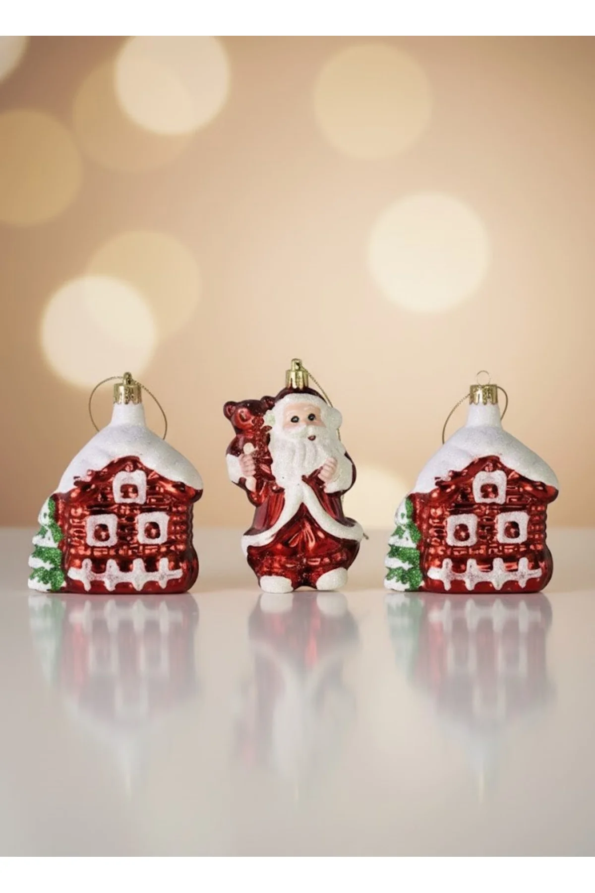 Yılbaşı Süsü 3'lü Noel Baba ve Ev Kırmızı 6 cm