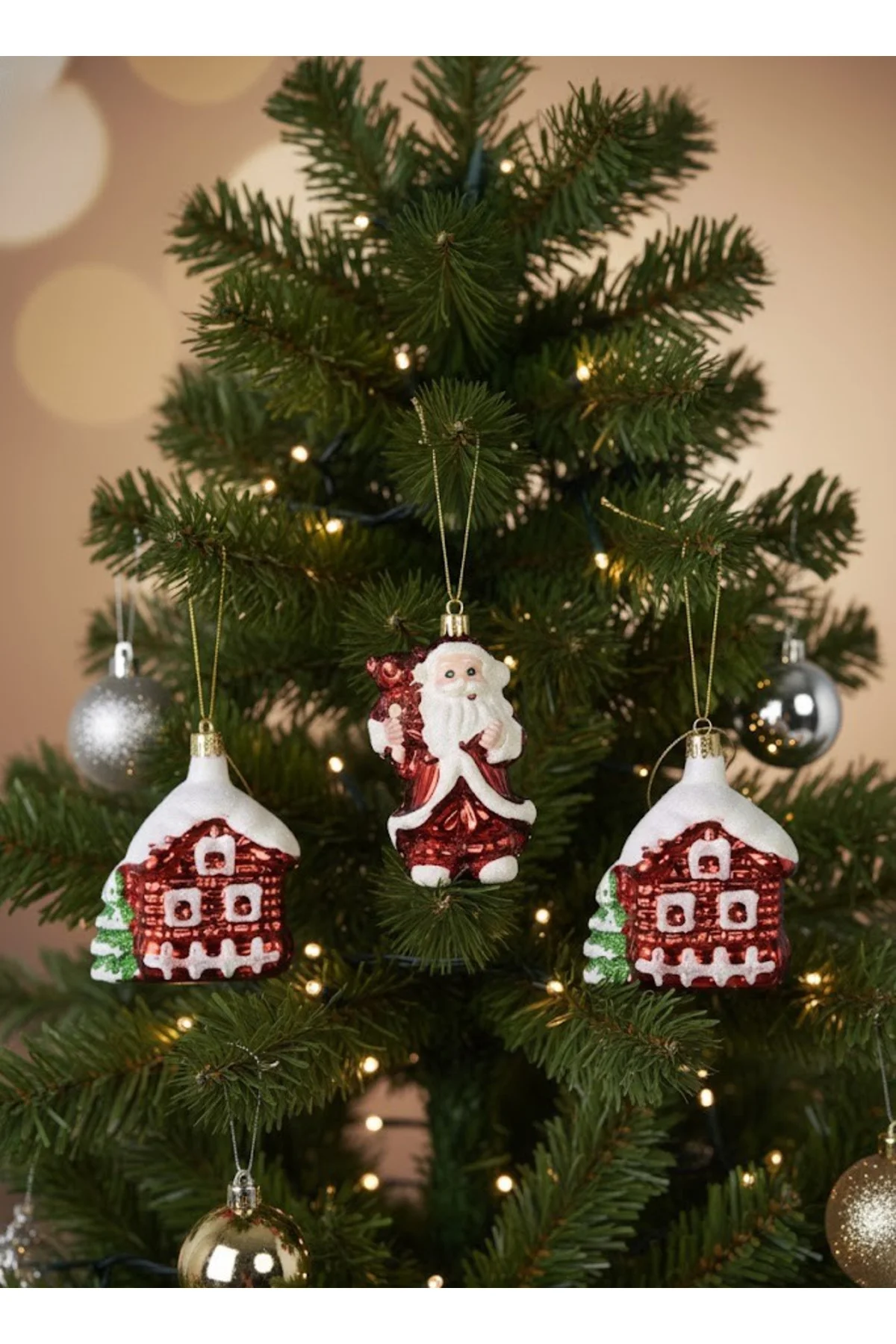 Yılbaşı Süsü 3'lü Noel Baba ve Ev Kırmızı 6 cm