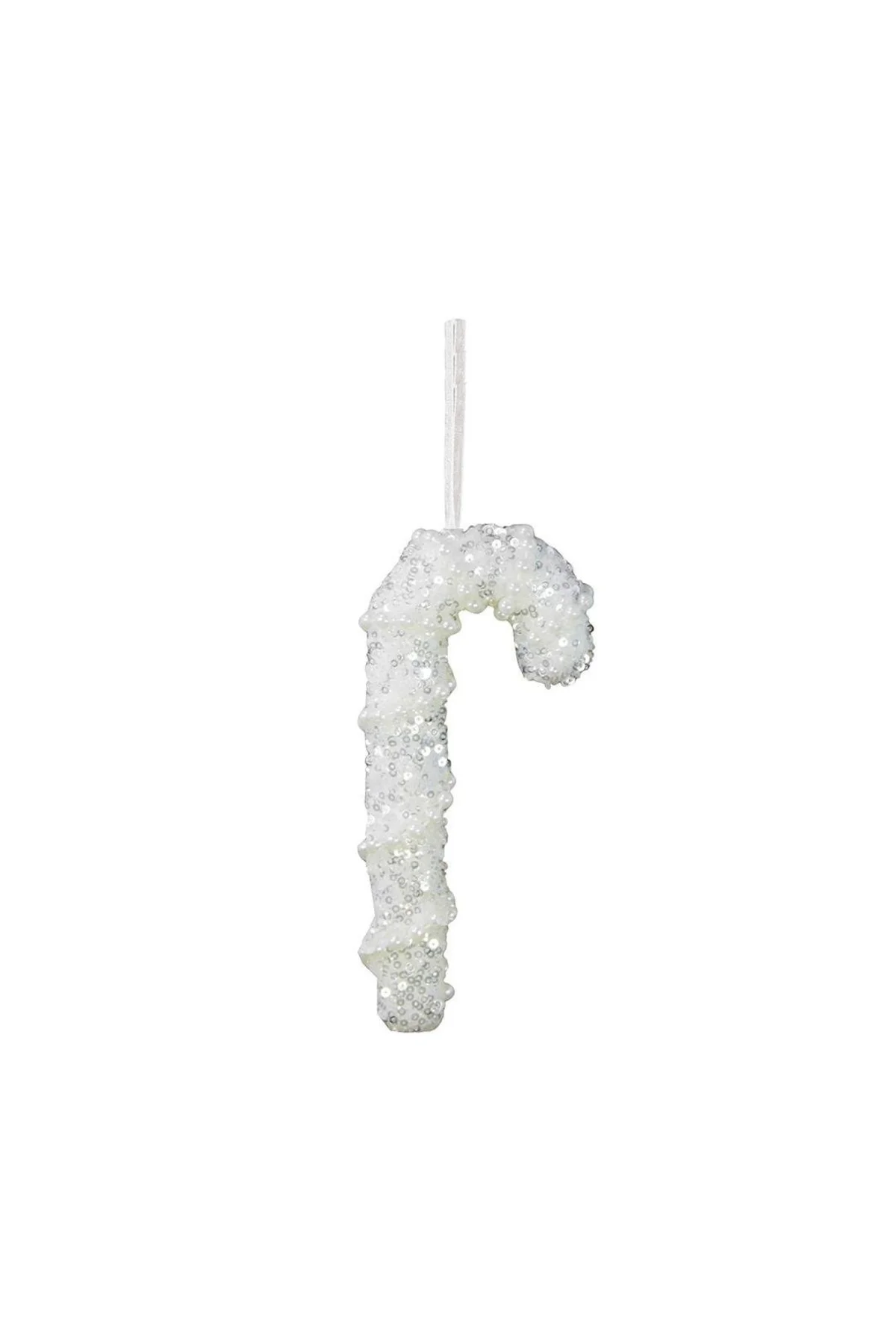 Yılbaşı Süsü İncili Simli Baston Beyaz 15 cm