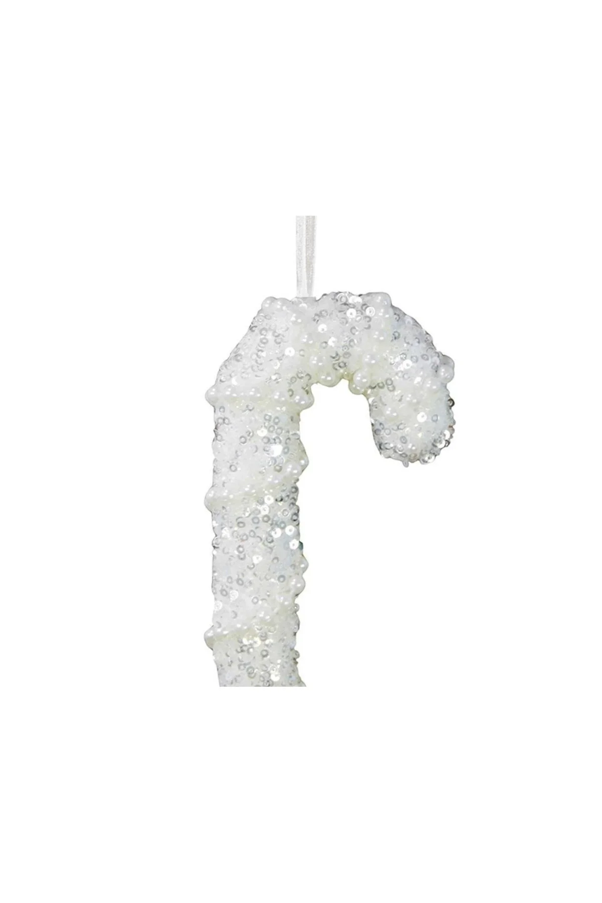 Yılbaşı Süsü İncili Simli Baston Beyaz 15 cm
