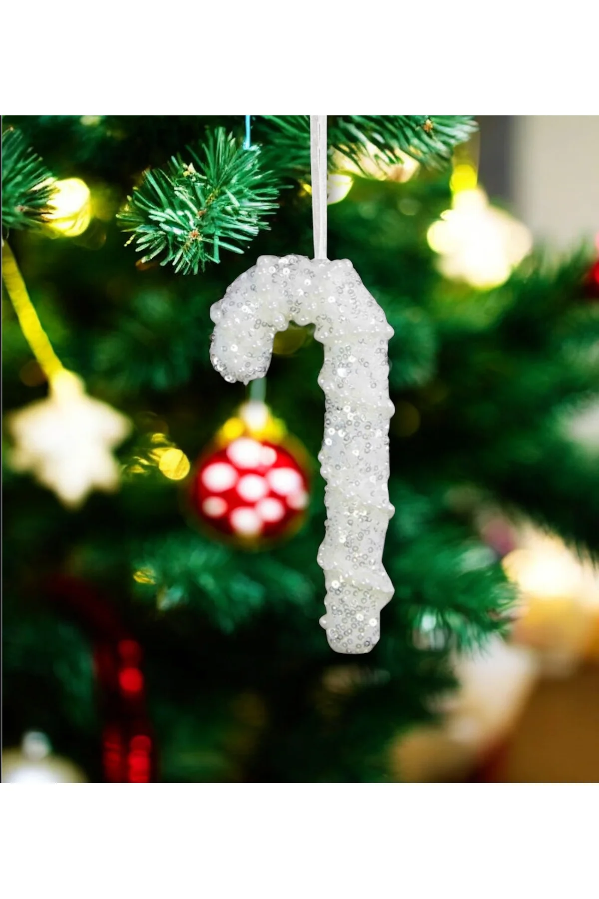 Yılbaşı Süsü İncili Simli Baston Beyaz 15 cm