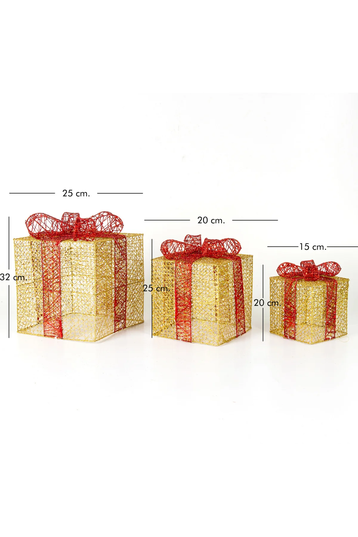 Yılbaşı Süsü Kırmızı Fiyonklu Büyük Hediye Paketi 3'lü Set Dore
