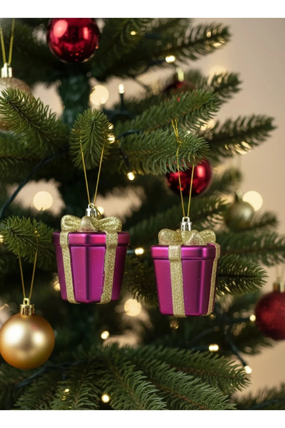 Yılbaşı Süsü Simli Mat Hediye Paketi 2'li Fuşya 10 cm