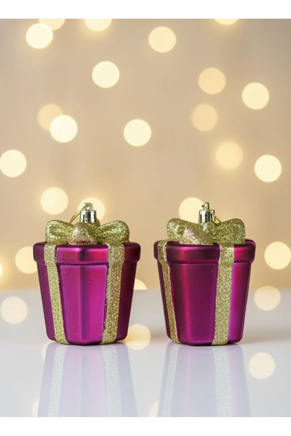 Yılbaşı Süsü Simli Mat Hediye Paketi 2'li Fuşya 10 cm