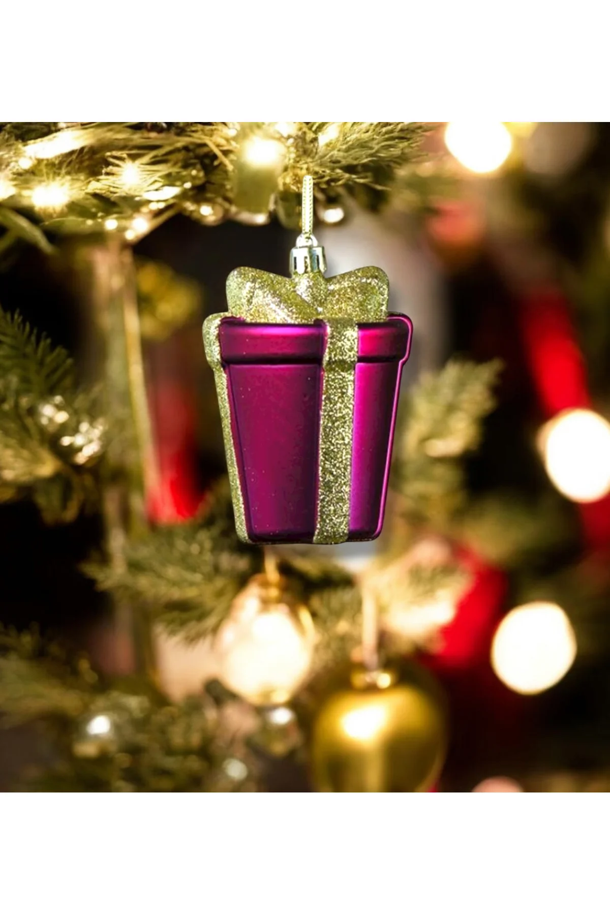 Yılbaşı Süsü Simli Mat Hediye Paketi 2'li Fuşya 10 cm