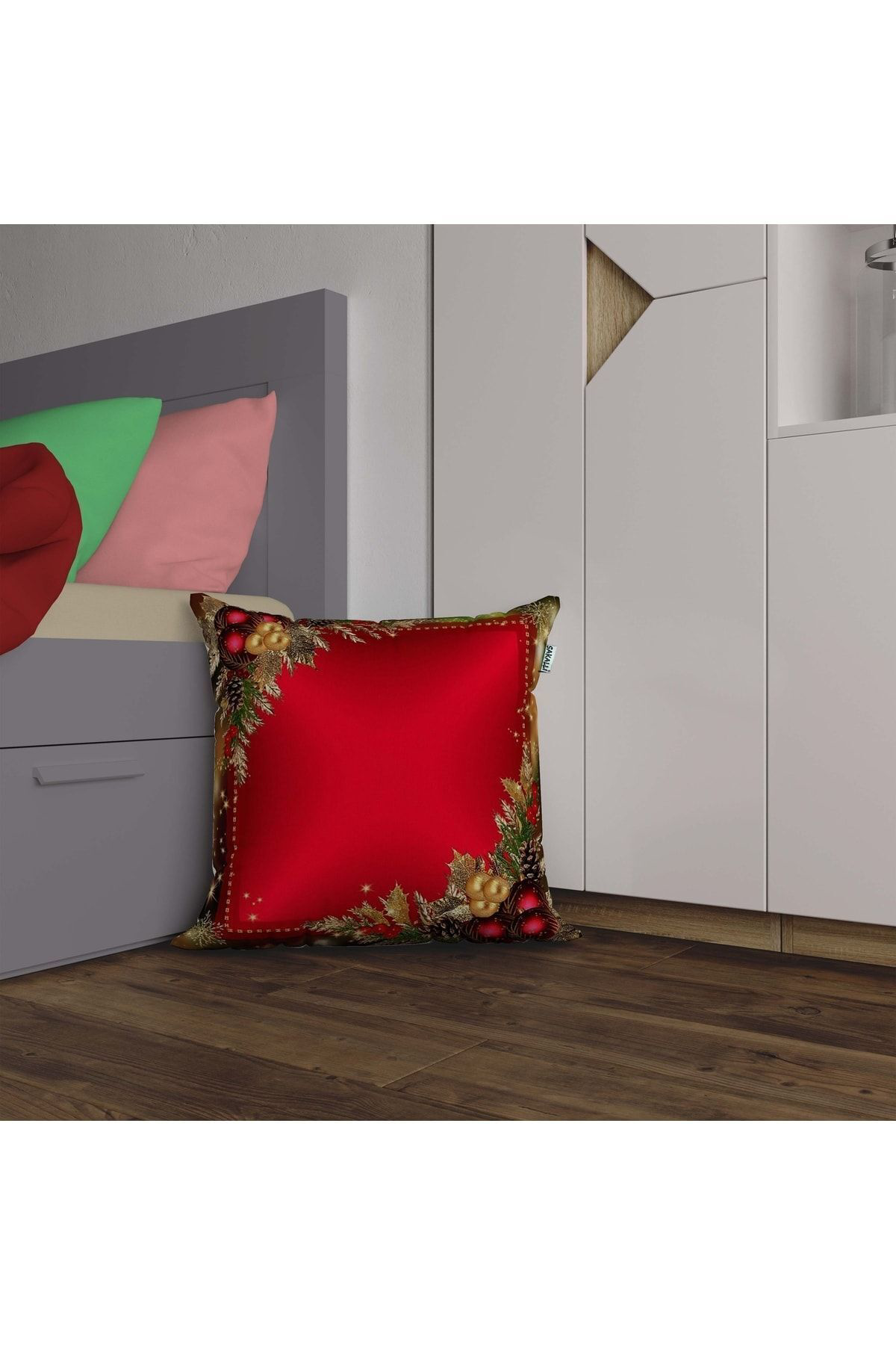 Sakallı Yılbaşı Temalı 3D Baskılı Dekoratif Kırlent Kılıfı