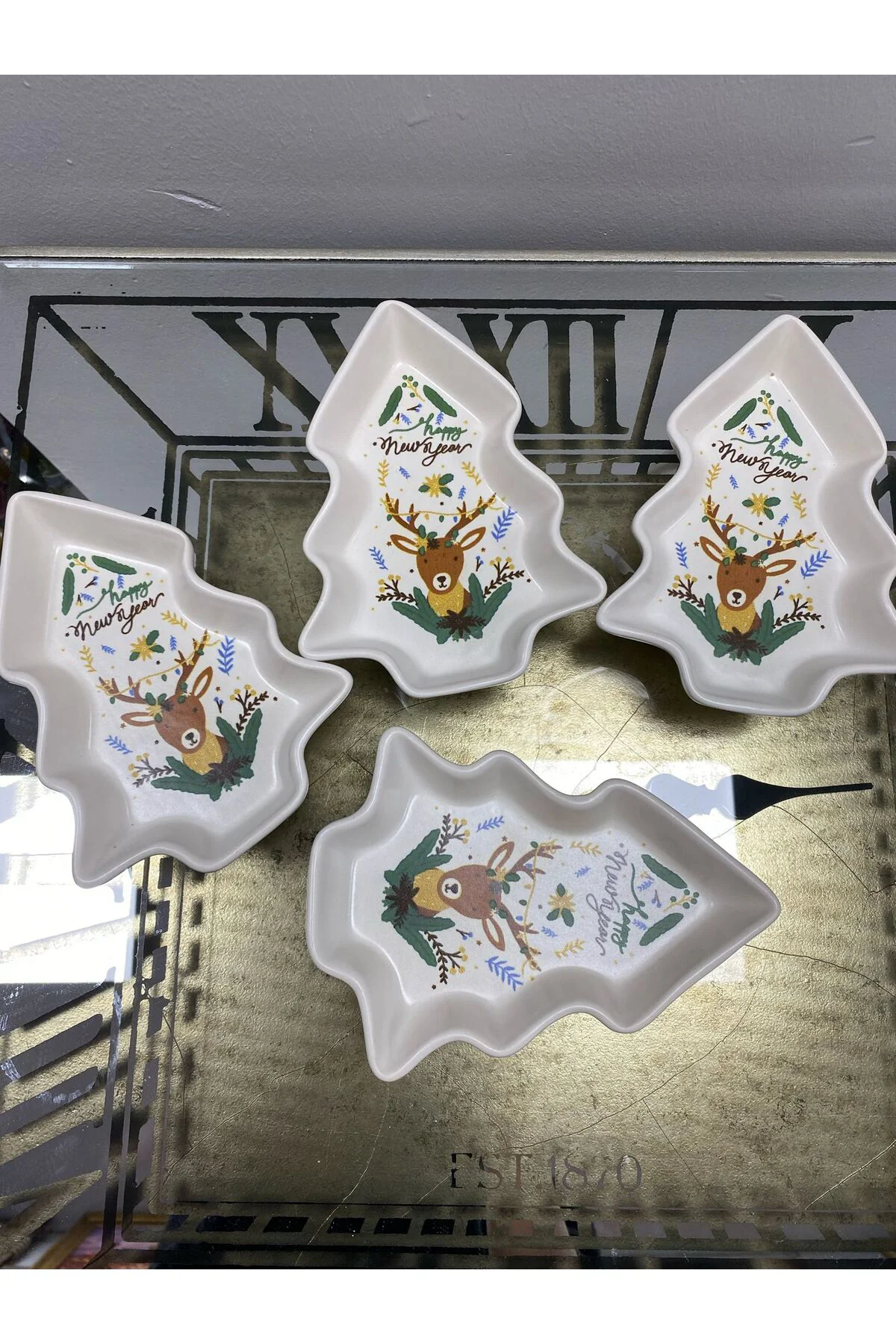Yılbaşı Temalı 4 Lü Geyikli Çam Çerezlik 16x12cm