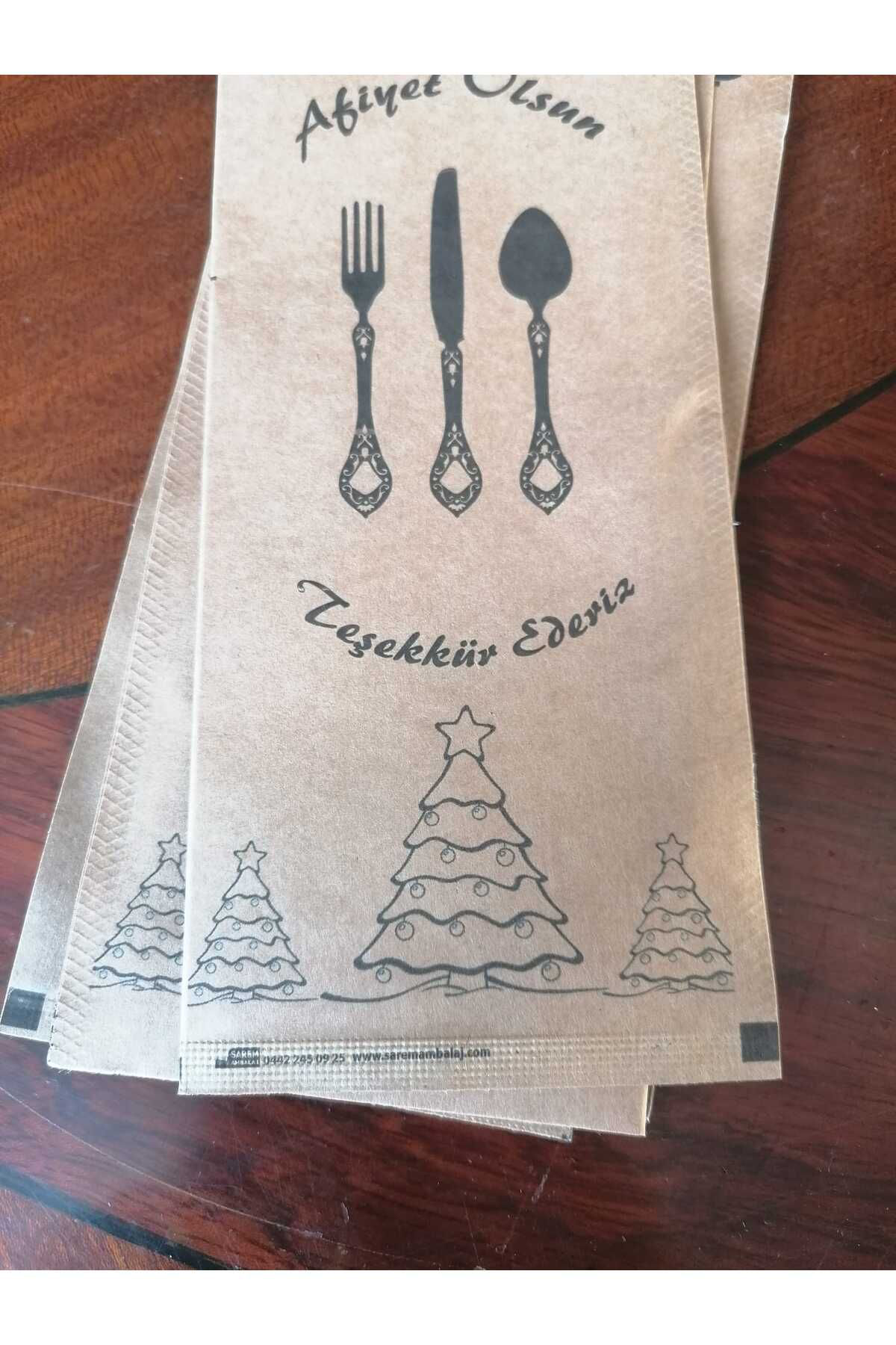 Sarem Ambalaj Yılbaşı Temalı Çatal Kaşık Bıçak Kılıfı Kabı (200 Adet Kraft)