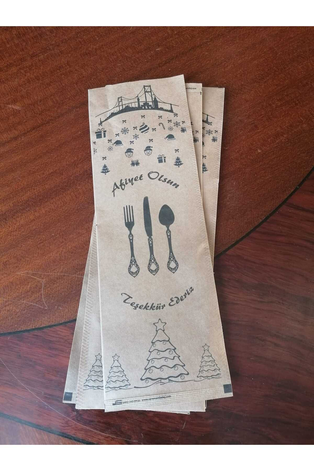 Sarem Ambalaj Yılbaşı Temalı Çatal Kaşık Bıçak Kılıfı Kabı (200 Adet Kraft)