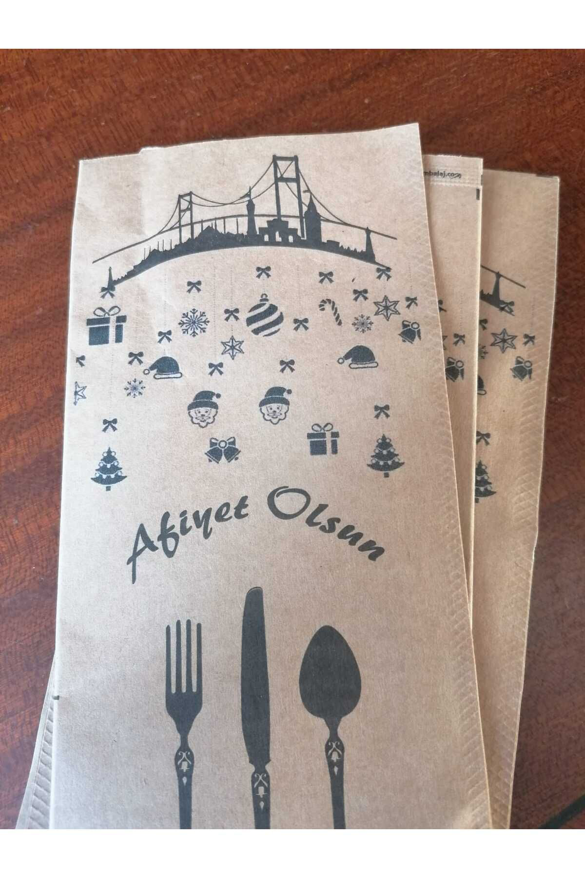 Sarem Ambalaj Yılbaşı Temalı Çatal Kaşık Bıçak Kılıfı Kabı (200 Adet Kraft)