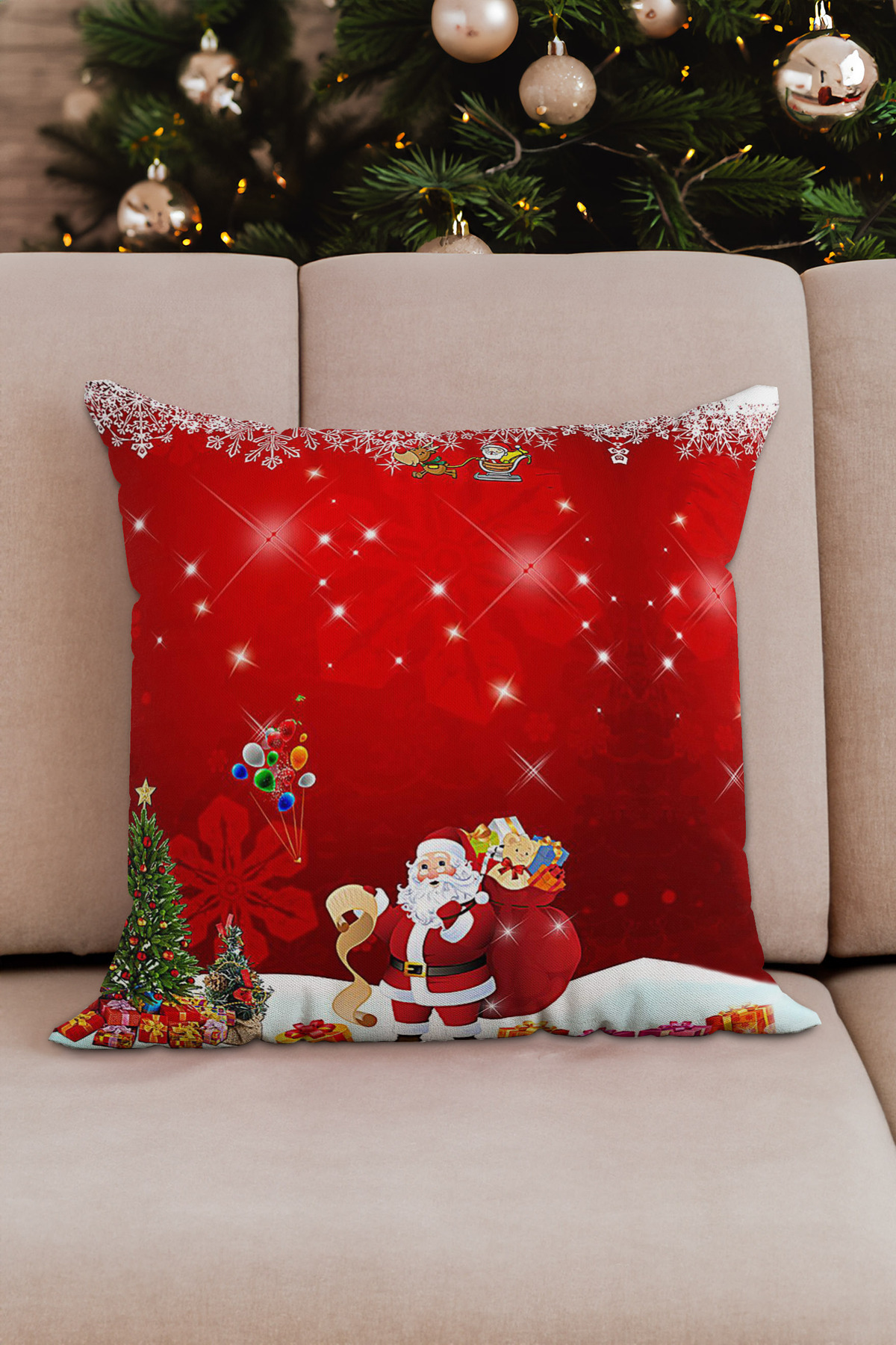 Yılbaşı Temalı Kırmızı Beyaz Kar Tanesi Ve Noel Baba Desenli Hedi
