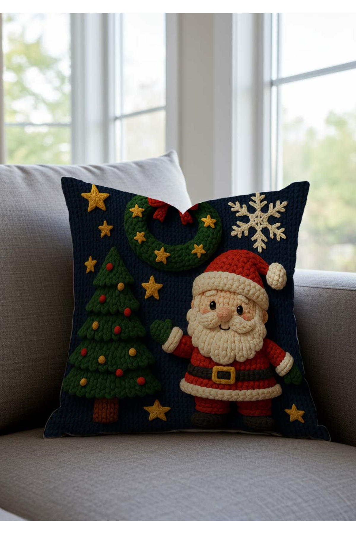 Yılbaşı Temalı Lacivert Zeminli Noel Baba ve Çam Ağacı Desenli Pu