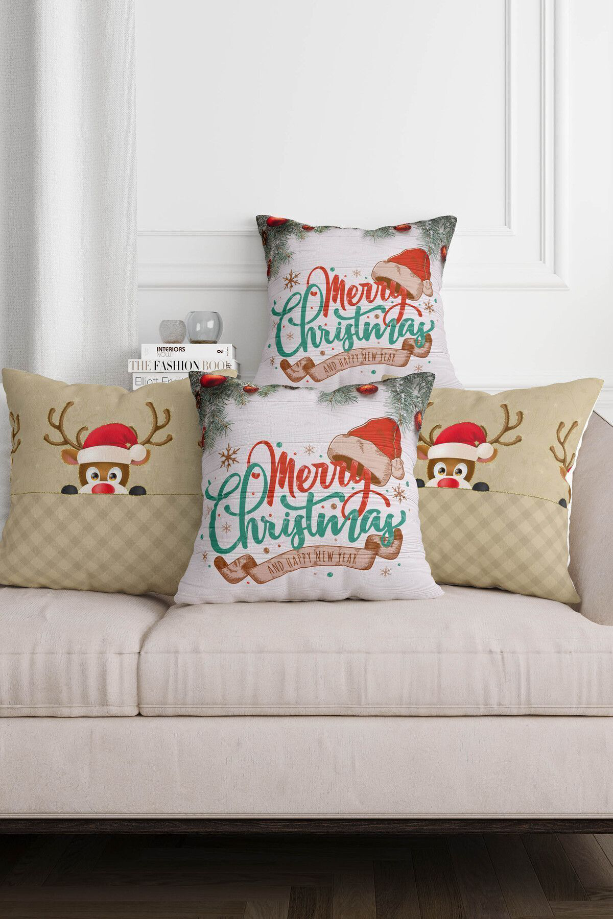 Yılbaşı Temalı Merry Christmas Geyik Desen Bej Zemin 4lü Kırlent