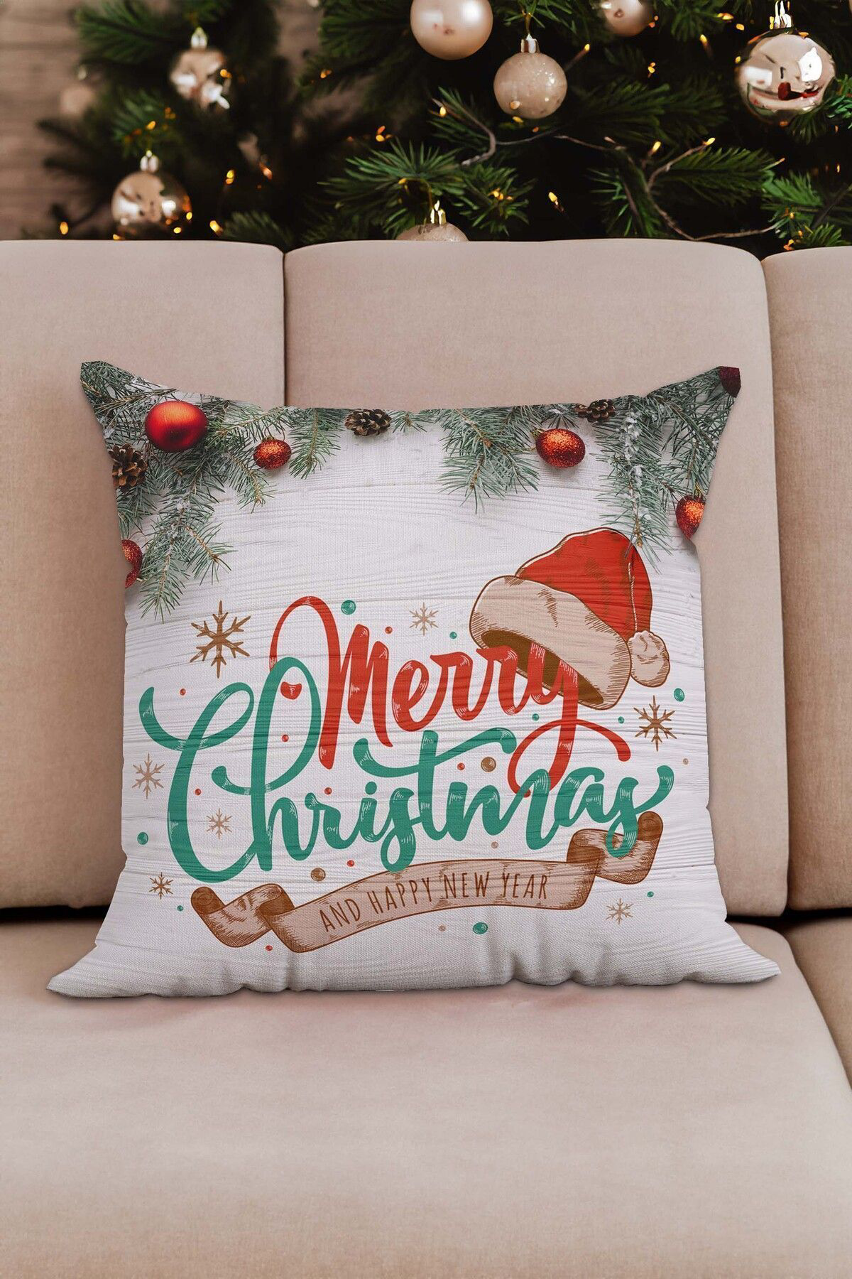 Yılbaşı Temalı Merry Christmas Geyik Desen Bej Zemin 4lü Kırlent