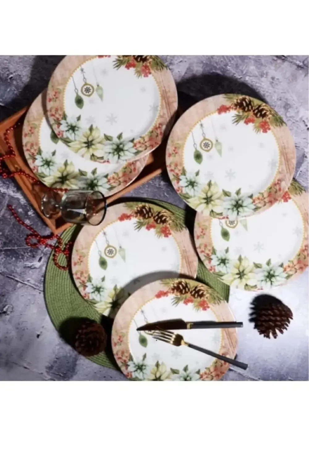 Yılbaşı Temalı Porselen 6 Lı Yuvarlak Servis Tabağı 26 Cm