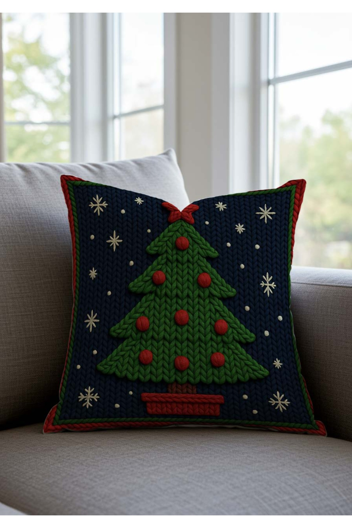 Yılbaşı Temalı Punch Nakış Görünümlü Çam Ağacı Desenli Kırlent Kı