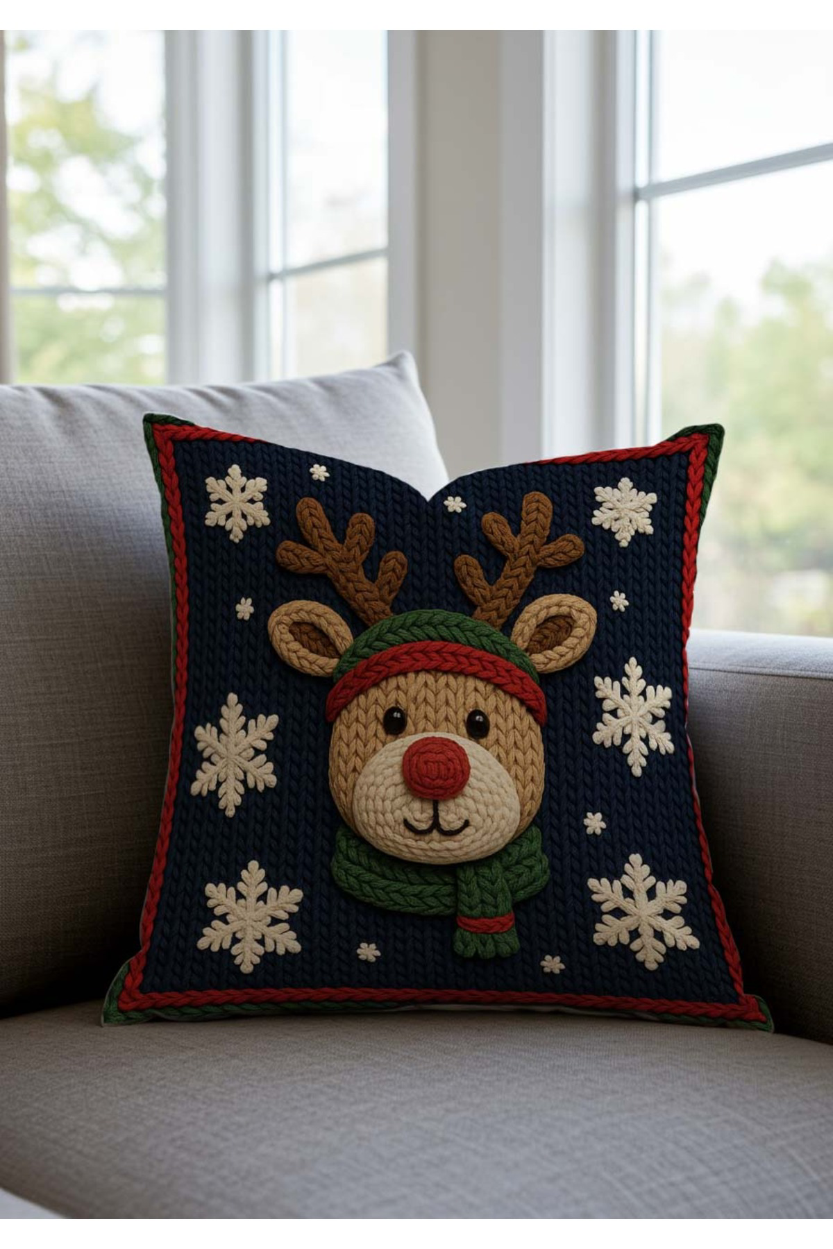 Sakallı Yılbaşı Temalı Punch Nakış Görünümlü Geyik Desenli Kırlent Kılıfı