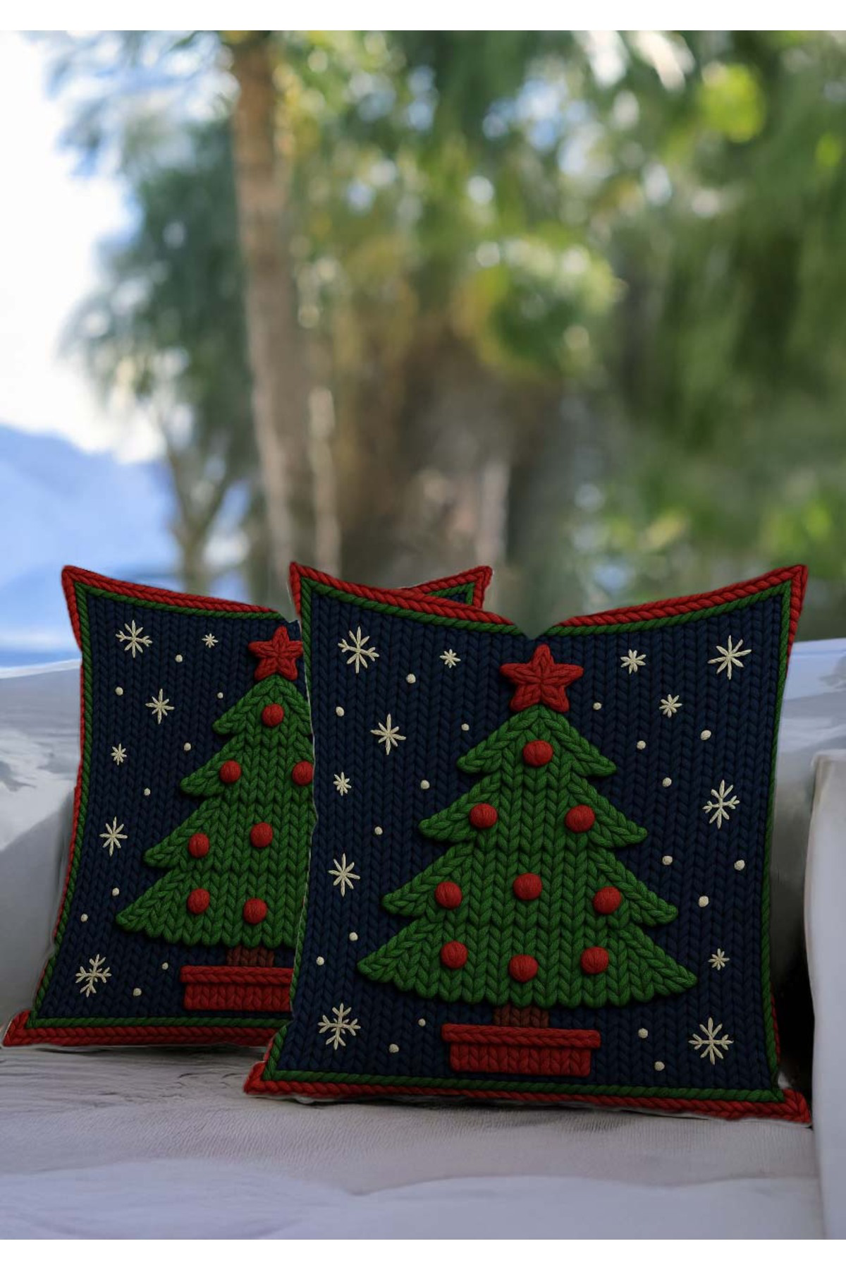 Yılbaşı Temalı Punch Nakış Görünümlü Çam Ağacı Desenli Kırlent Kı