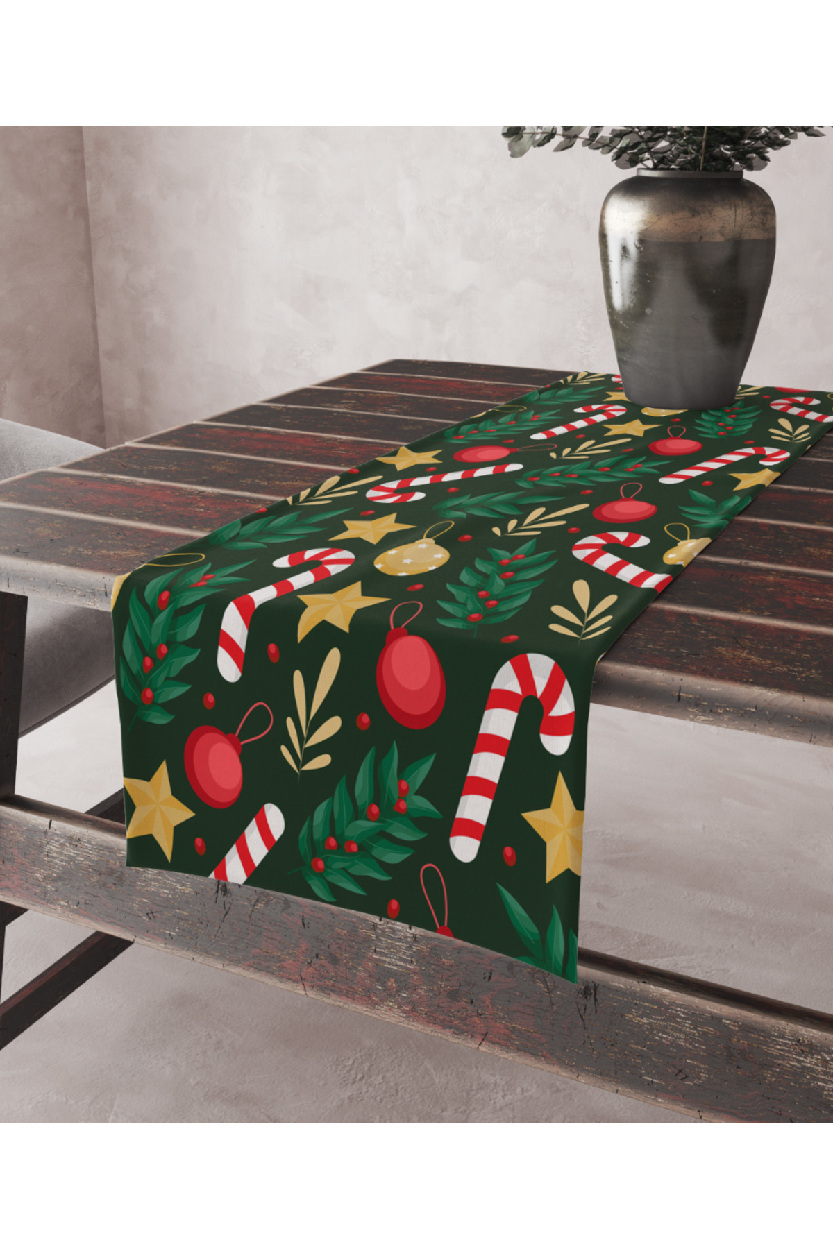 Yılbaşı Temalı Şeker Kamışı Yeşil Digital Baskılı Runner Masa Ört