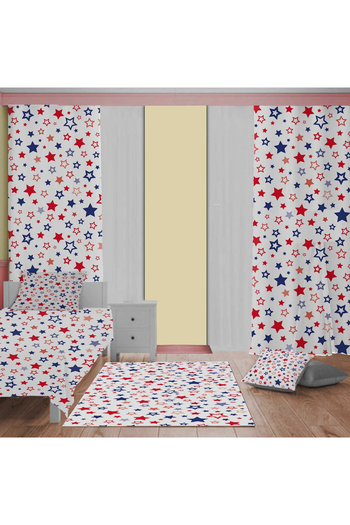 Evan Home Yıldız Desen Çocuk Odası Takım Perde (İki Kanat),Yatak Örtüsü,Yastık,Kırlent ,Halı,