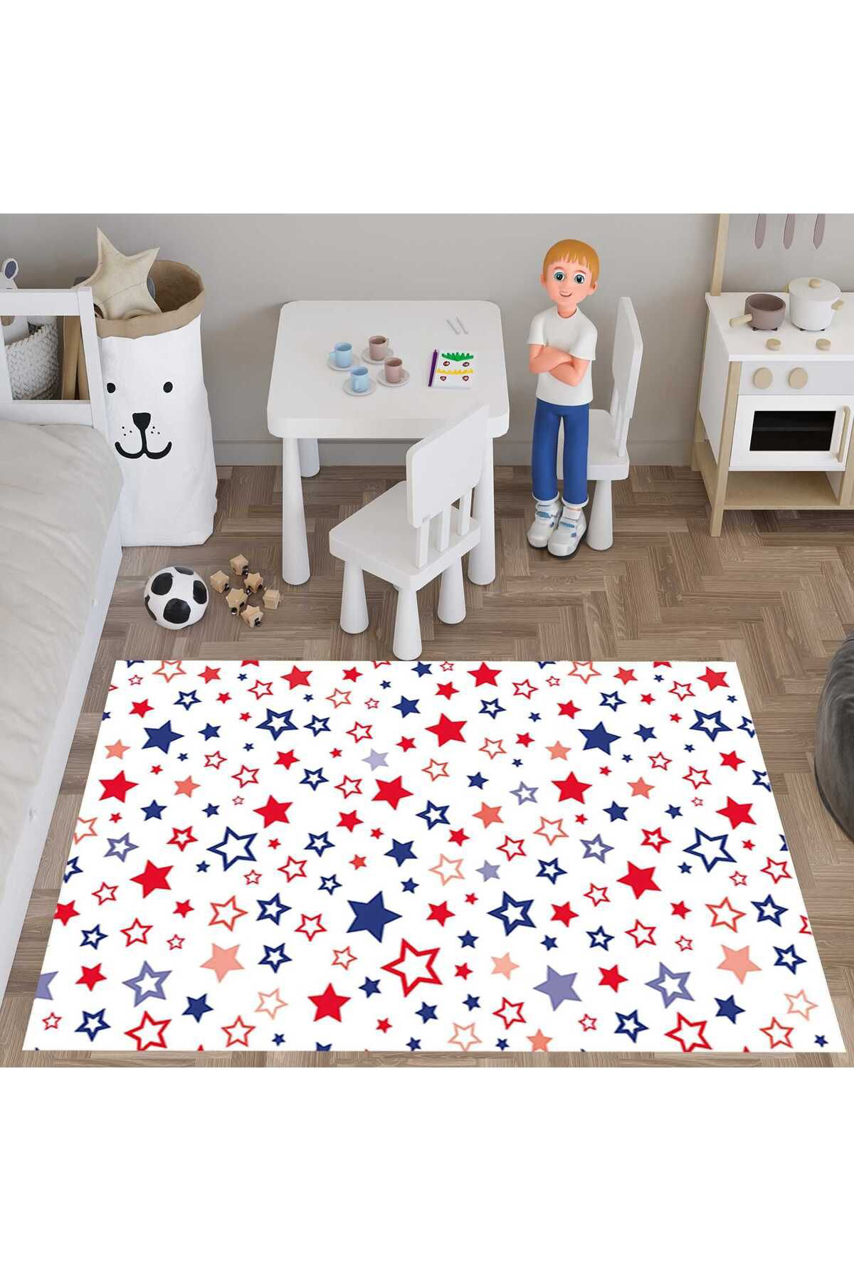 Evan Home Yıldız Desen Çocuk Odası Takım Perde (İki Kanat),Yatak Örtüsü,Yastık,Kırlent ,Halı,