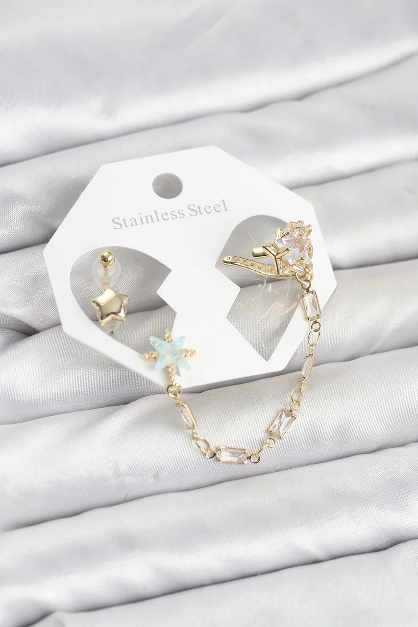 Yıldız Model Pirinç Gold Renk Zincir Bağlantılı Ear Cuff Küpe Seti Tj-bkp11545 Diğer