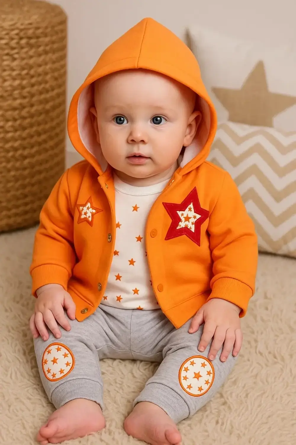 Yıldız Nakışlı Kapişonlu Kız Bebek Takımı