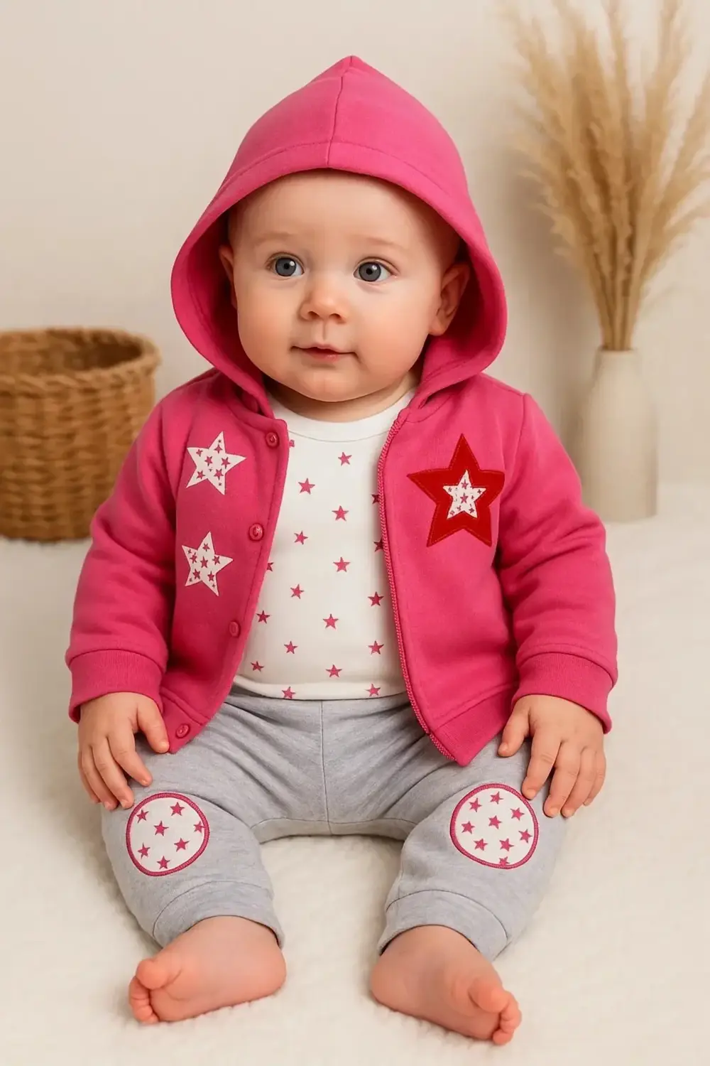 Yıldız Nakışlı Kapişonlu Kız Bebek Takımı