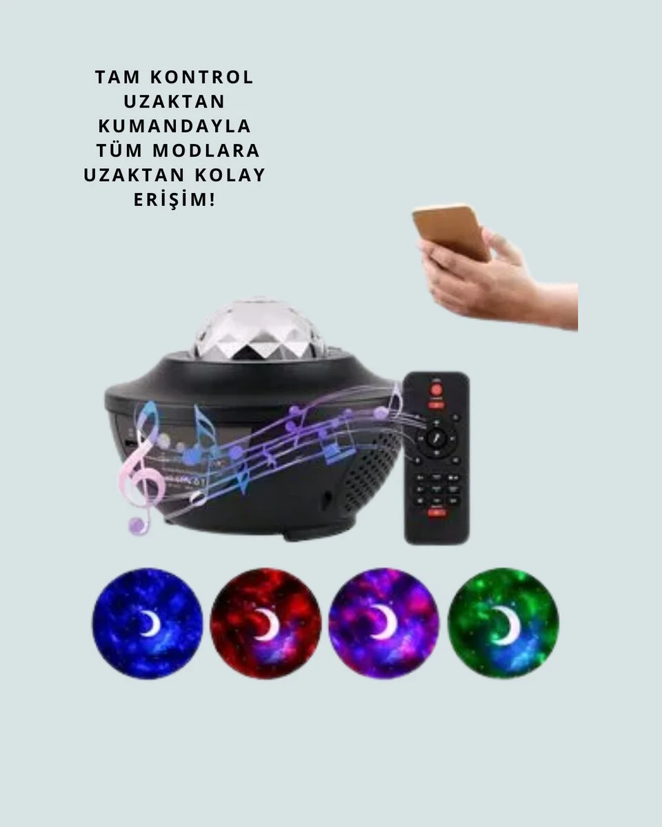 Yıldız & Okyanus Dalga Projektörü – Bluetooth Gece Lambası, 10 Renk Modu