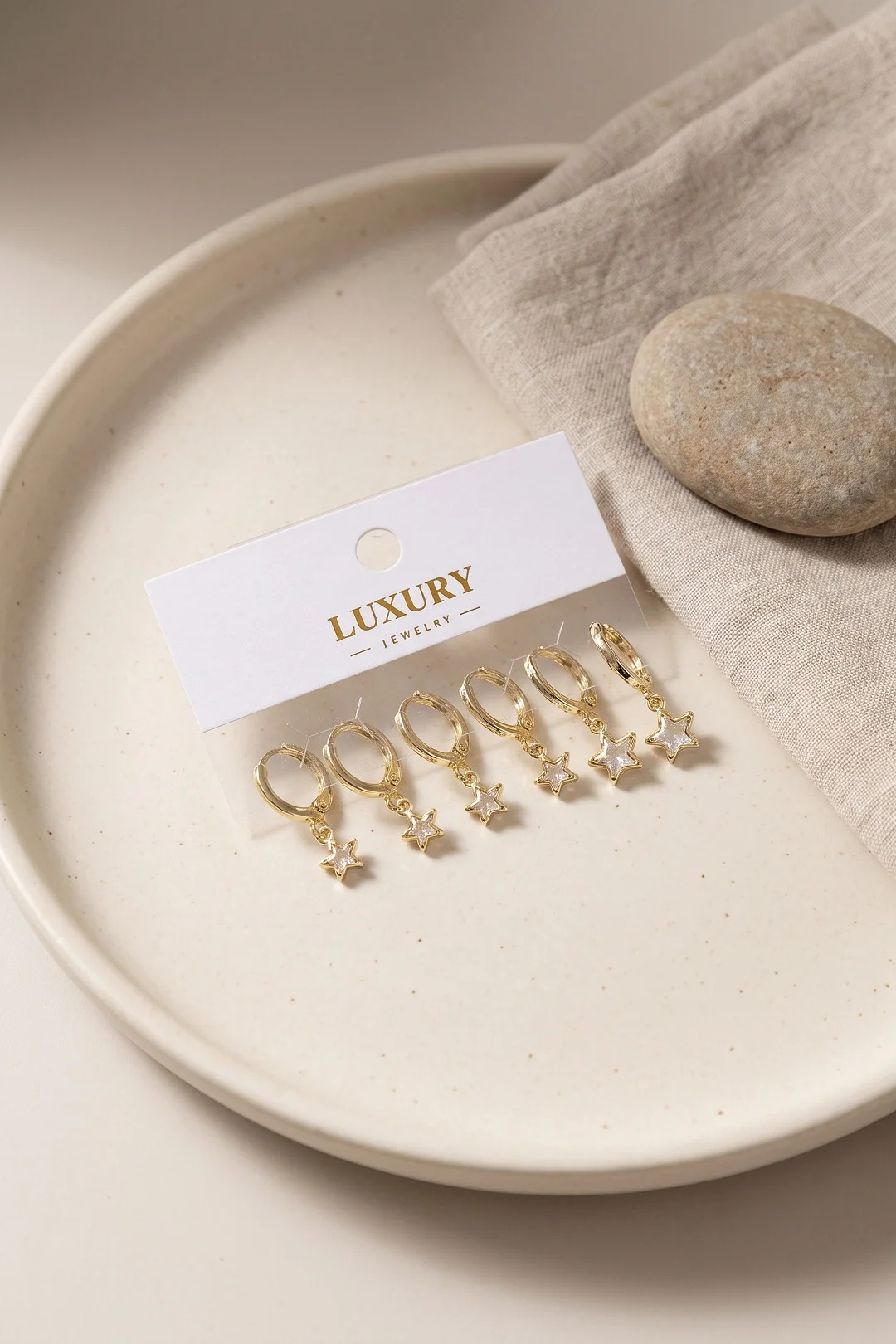 Yıldız Zirkon Taşlı Gold Renk Pirinç Set Küpe